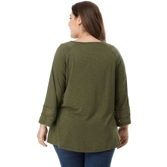 Women's Plus Size Crochet Panel Kimono Raglan Sleeves Tops Green - Picture 5 of 6